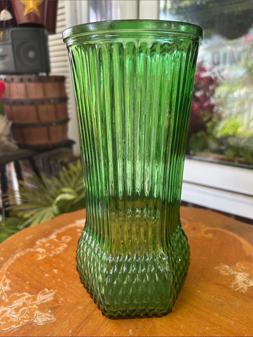 Vintage Green Ribbed Glass Vase